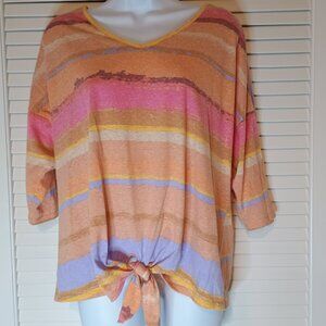 Truself womans pastel stripped V-neck 3/4 sleeve tie front shirt size Large